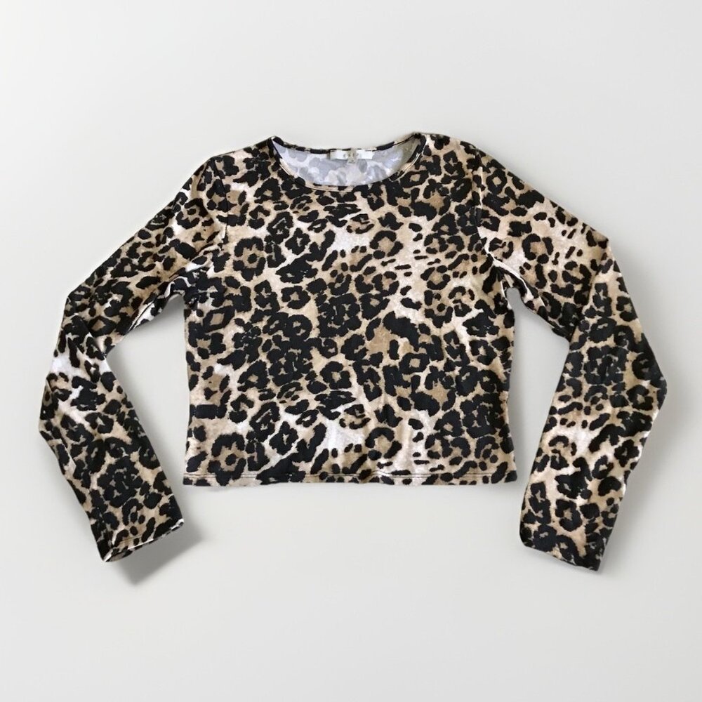 Gaze Tan & Black Leopard Print Long Sleeve Cropped‎ Shirt Top Size Medium